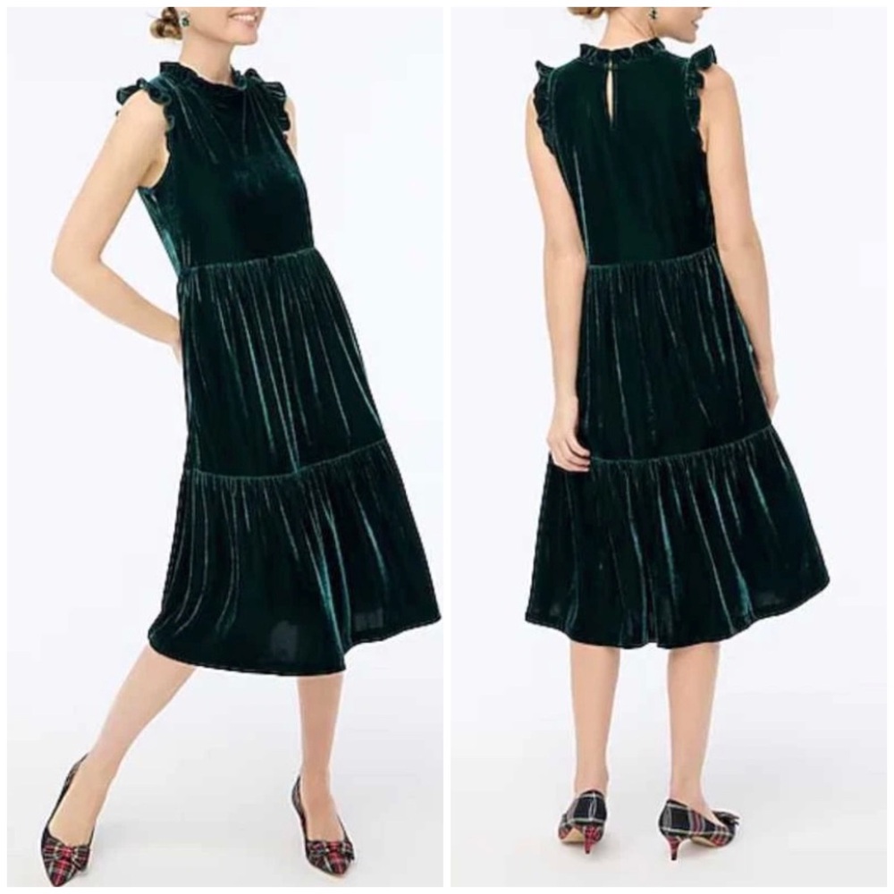$128 NWOT J.Crew Forest Green Velvet Sleeveless Tiered Cocktail Midi Dress Sz 8